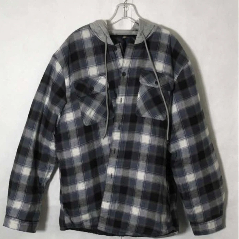 WRANGLER Authentics Plaid Hooded Jacket Large‎ Blue Gray Flannel